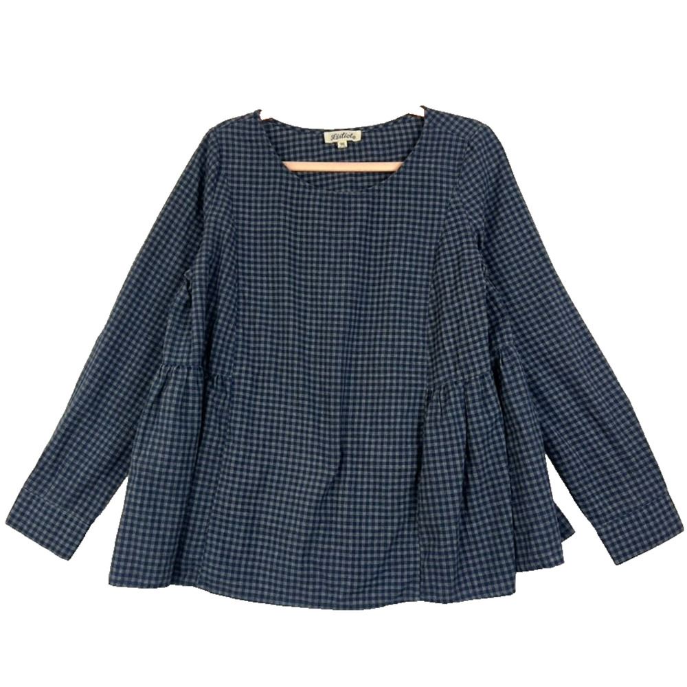 Listicle Long Sleeve Top Navy Blue Gingham Plaid Swing Silhouette Ruffle